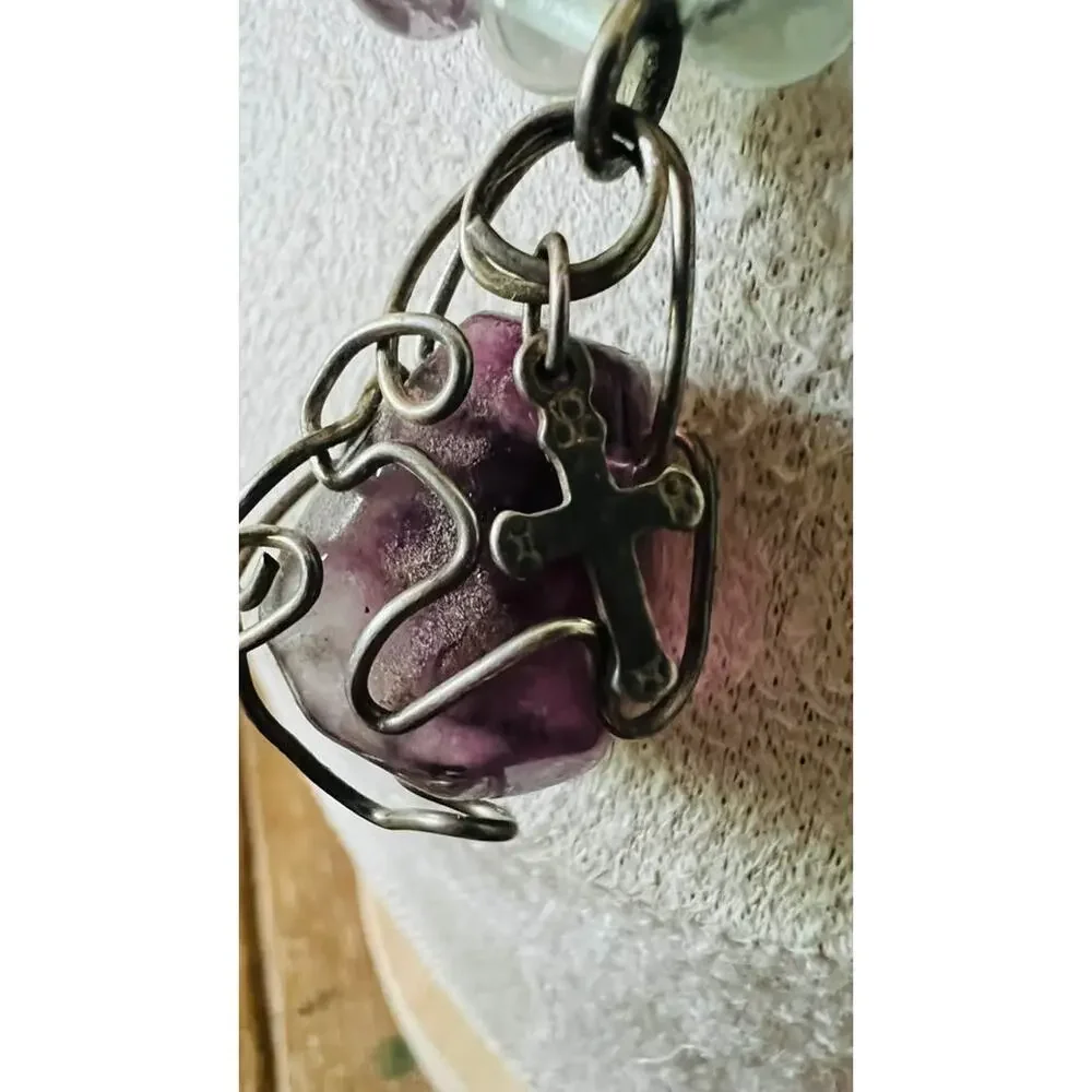 Fluorite Bead Necklace 16”  with Wire-Wrapped Stone Pendant
